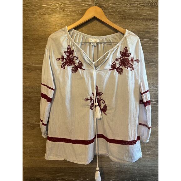 Velvet by Graham & Spencer Anthropologie Embroidered Striped Peasant Top Sz M - Picture 1 of 15
